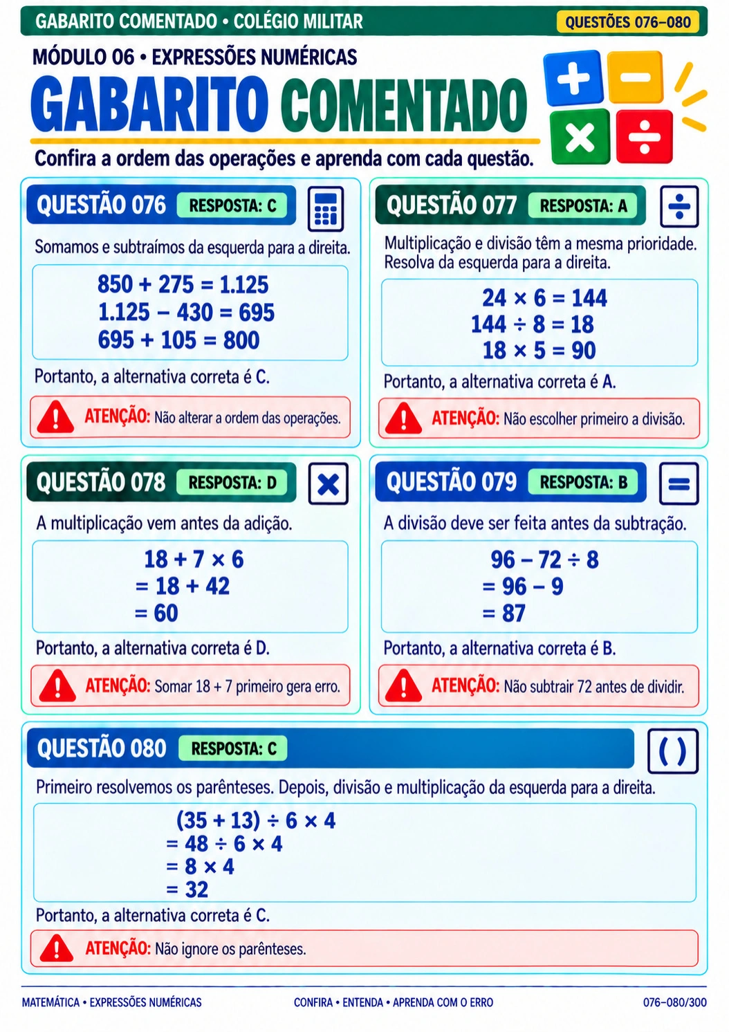 Gabarito comentado das questões 076 a 081